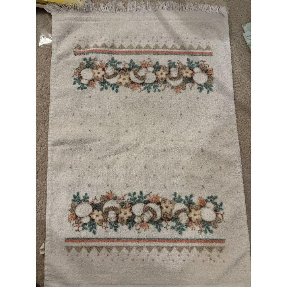 Vintage Cannon Terry Kitchen Towel Cream Mauve Fringe Cottage Floral Mushroom